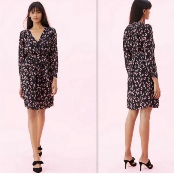 • Rebecca Taylor • Women’s Cheetah V Neck Silk Blend Dress Knee Length Black 2 - Picture 2 of 5
